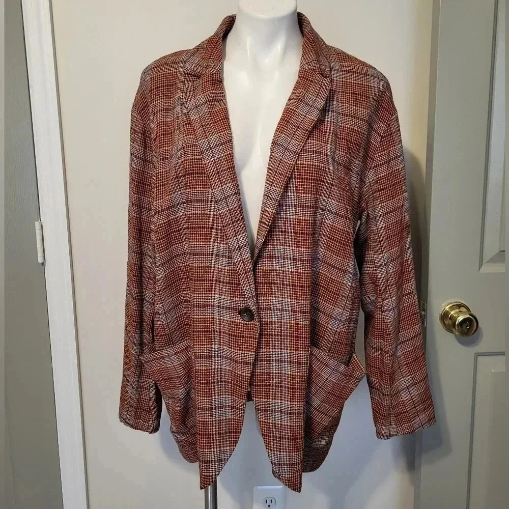 Free People Simply Plaid Linen Blend Oversized One Button Slouchy Blazer(S) - Picture 4 of 12